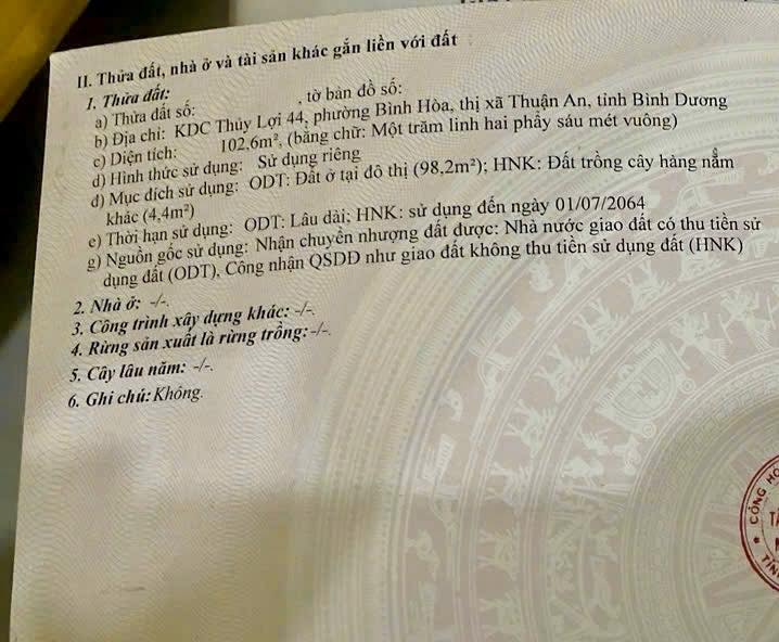 Đất ODT KDC Thủy Lợi 44, Bình Hòa, 102.8m² giá 4.3 tỷ - Cơ hội đầu tư hấp dẫn!