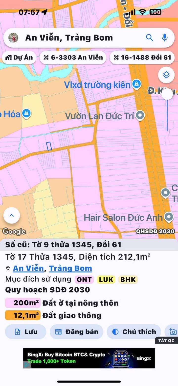 Đất thổ cư 100% An Viễn Trảng Bom 210m² giá chỉ 1.65 tỷ - Cơ hội đầu tư tuyệt vời!