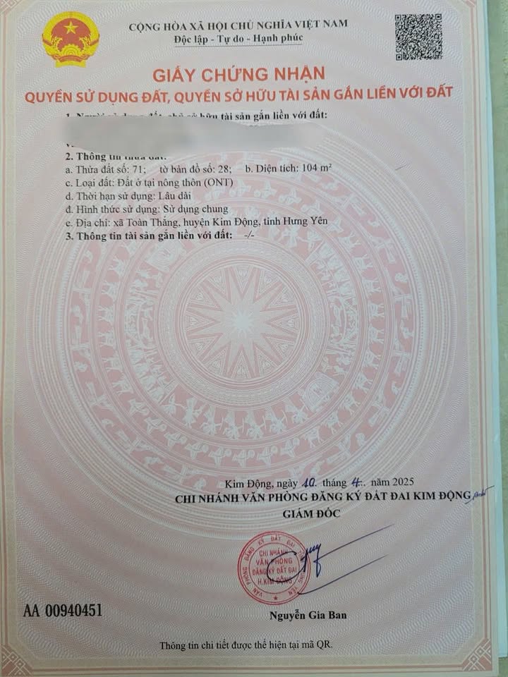 Đất nền Toàn Thắng, Kim Động, Hưng Yên 104m² giá 3 tỷ - Đầu tư sinh lời hấp dẫn!