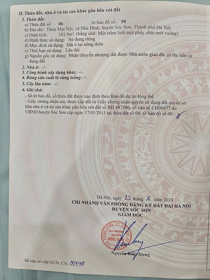 Đất thổ cư Mai Nội, Sóc Sơn 101,9m² - Vị trí tiềm năng, giao thông thuận lợi!