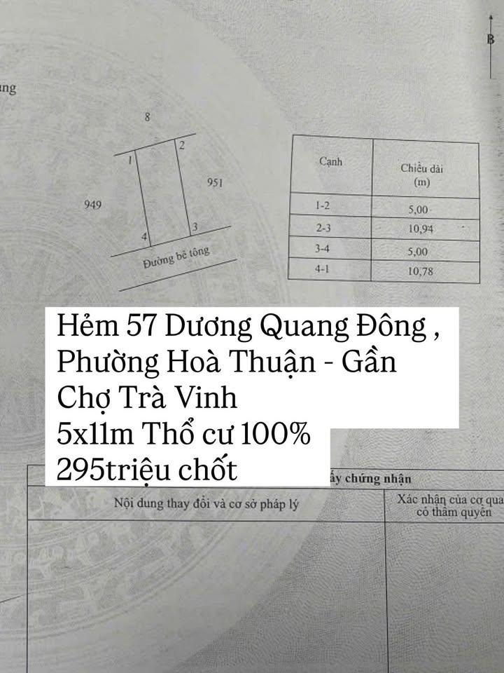 Đất thổ cư 55m² Hẻm 57 Dương Quang Đông - Giá chỉ 295 triệu VND
