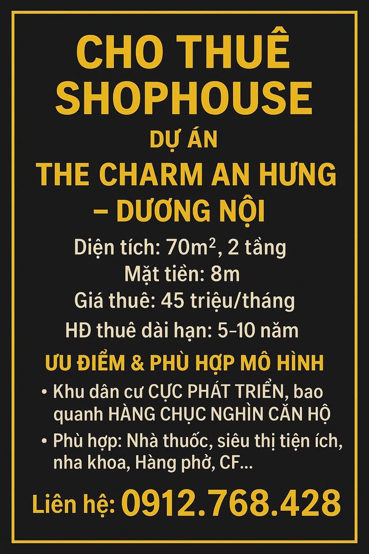 Cho thuê shophouse The Charm An Hưng 70m² giá 45 triệu - Khu vực dân cư đông đúc!