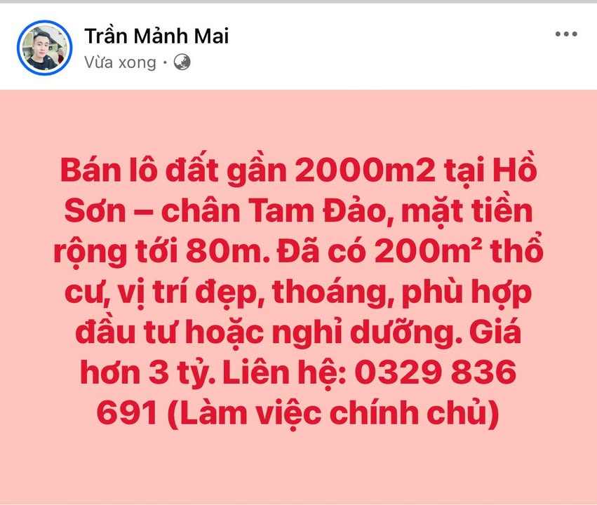 Đất nền đẹp tại Hồ Sơn - Tam Đảo, diện tích 2000m² giá chỉ 3 tỷ - Đầu tư lý tưởng!