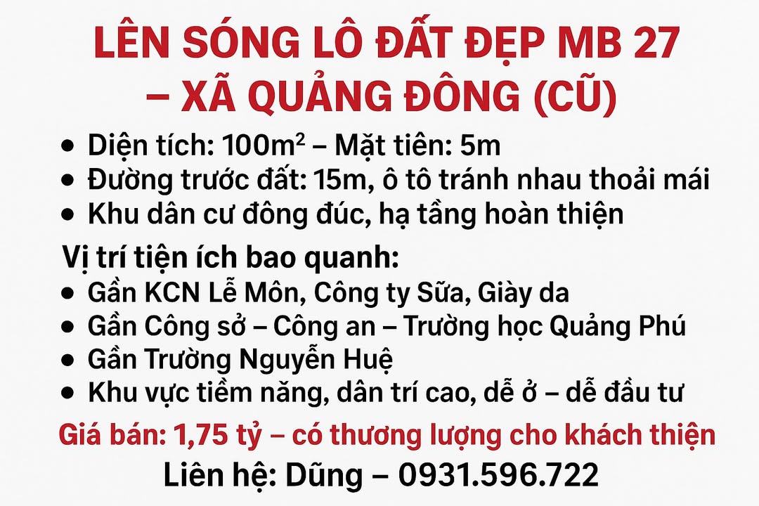 Đất nền đẹp Quảng Đông 100m² giá 1.75 tỷ - Đầu tư sinh lời ngay!