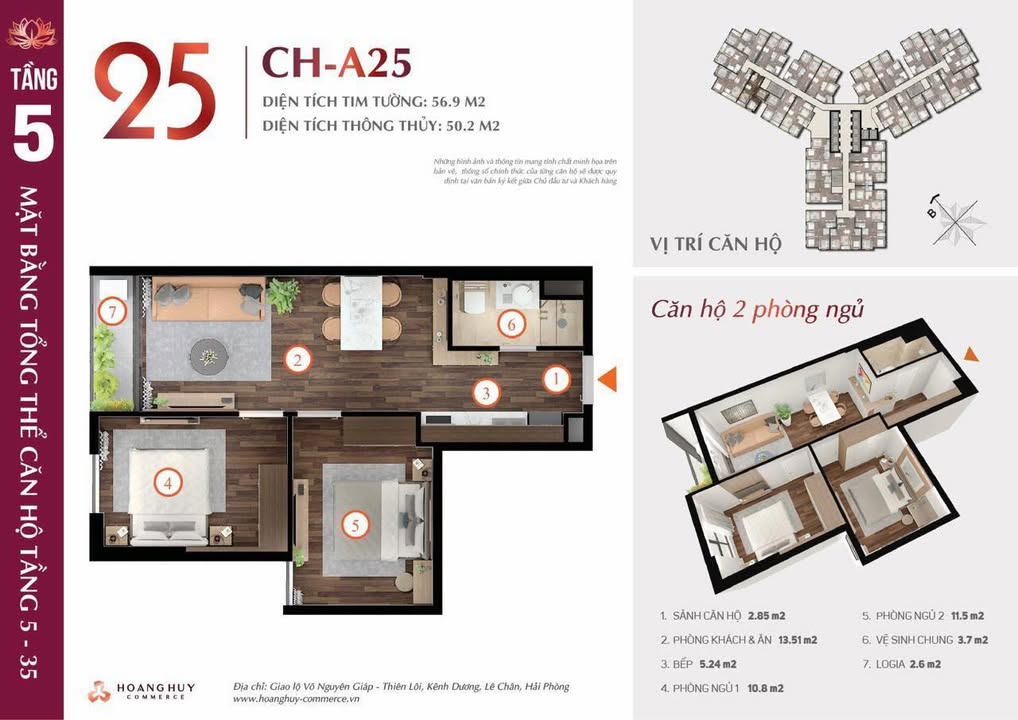 Căn hộ Hoàng Huy Commerce Hải Phòng 57m² giá 2.2 tỷ - Thiết kế hiện đại, dễ setup nội thất!