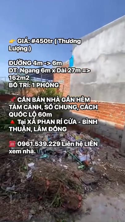 Nhà bán tại Phan Rí Cửa, Bình Thuận 162m² giá 450 triệu - Sổ chung, thương lượng!