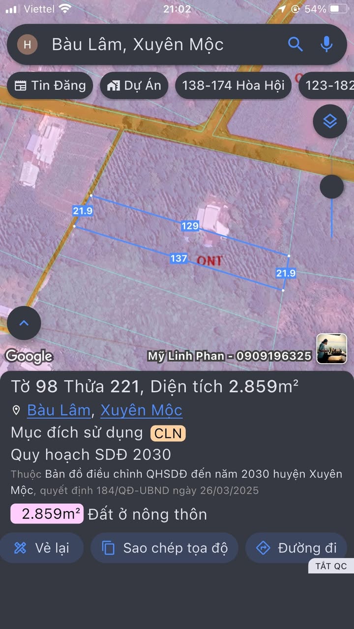 Đất nền xã Bầu Lâm Xuyên Mộc 2859m² giá 1.75 tỷ - Sổ hồng đầy đủ
