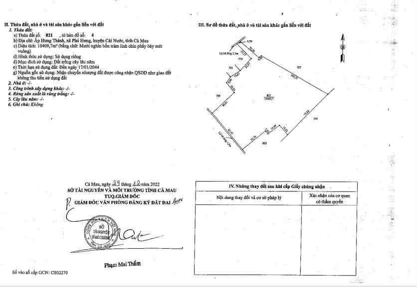Đất nền ấp Hưng Thành, xã Phú Hưng, huyện Cái Nước, 10409.7m² - Giá bán gấp 3.1 tỷ!
