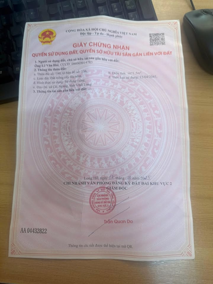 Thửa đất vườn 1070.5m² tại xã Phú Lộc, Vĩnh Long - Giá 2.7 tỷ, mặt tiền đường 40B