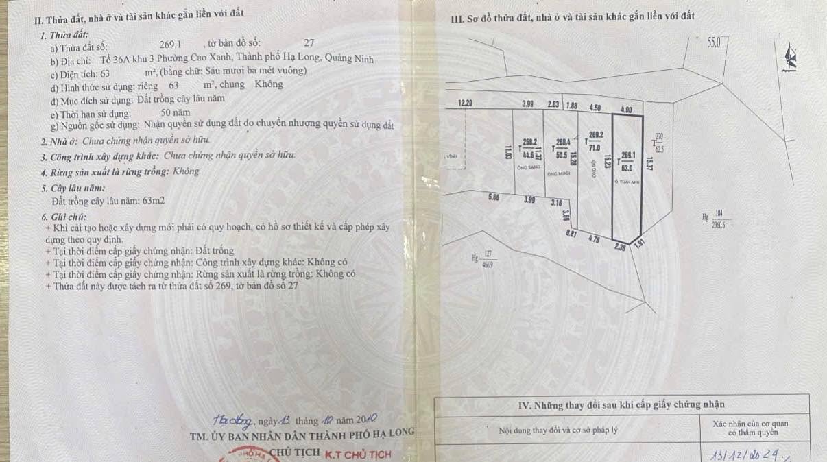 Đất nền chính chủ tại Ngõ 20 Cao Xanh, Hạ Long 63m² - Giá chỉ 1.1 tỷ!