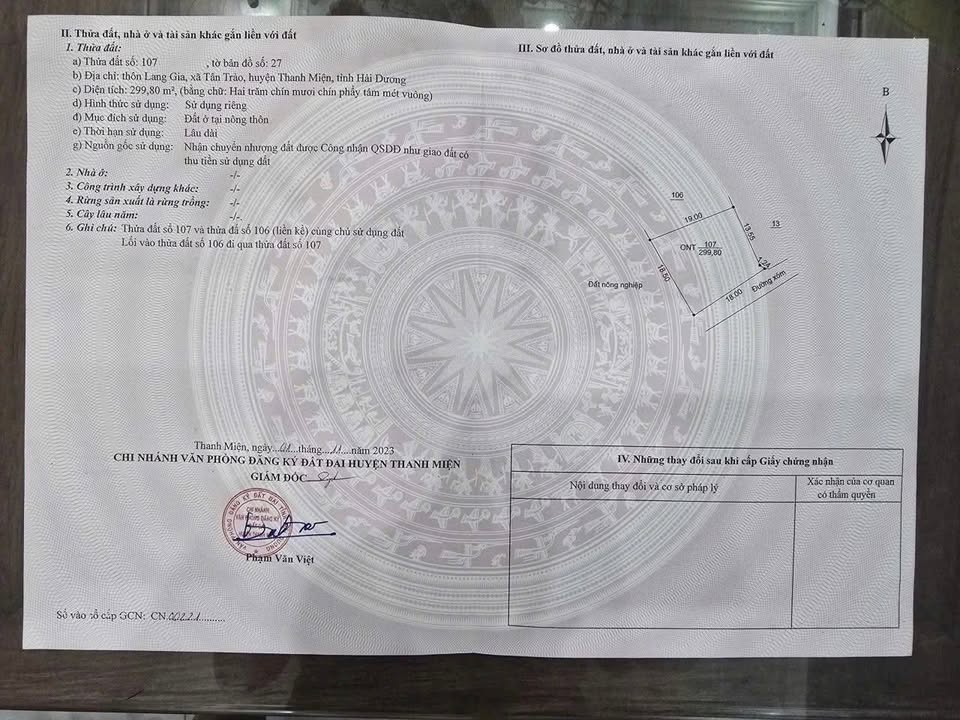 Đất ở Thôn Lang Gia, xã Tân Trào, huyện Thanh Miện, Hải Dương 299m² - Giá chỉ 1.5 tỷ!