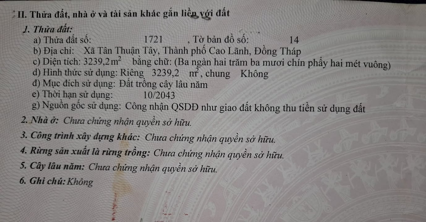 Đất vườn đang thu hoạch 3000m² Tân Thuận Tây - Giá chỉ 1.7 tỷ VND!