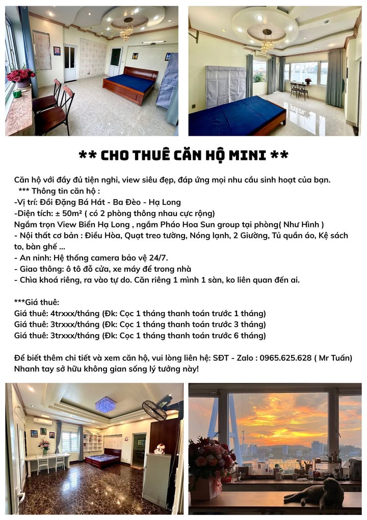Căn hộ cho thuê Đồi Đặng Bá Hát Hạ Long 50m² giá 3 triệu - View biển tuyệt đẹp!
