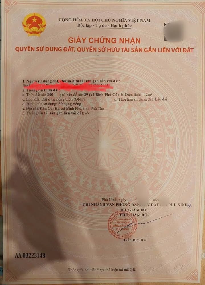 Đất thổ cư 112m² tại Bình Phú, Phù Ninh - Sổ đỏ chính chủ, giá chỉ 1 tỷ!