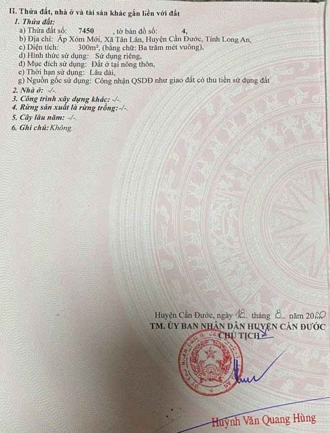 Đất thổ cư 300m² Tân Lân, Cần Đước - Giá chỉ 1 tỷ VND!