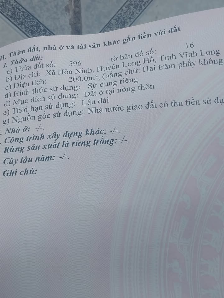 Đất thổ cư 721m² tại xã Hòa Ninh, Long Hồ - Giá chỉ 750 triệu VND, chính chủ!