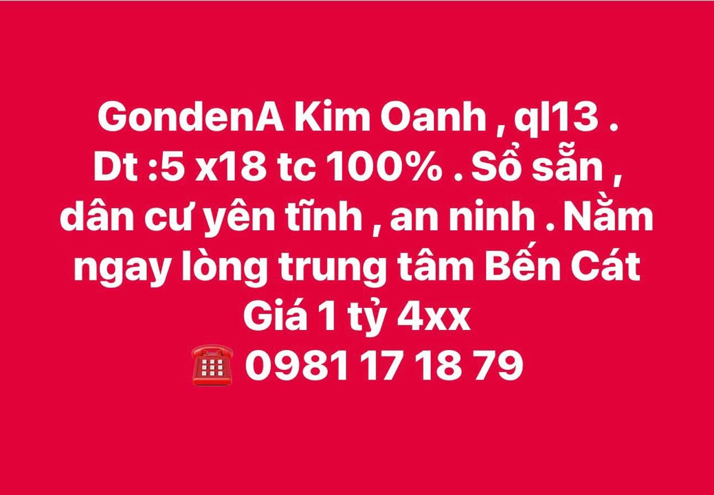 Đất nền GondenA Kim Oanh Bến Cát 90m² giá 1.4 tỷ - Sổ đỏ chính chủ, an ninh tuyệt đối!