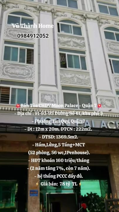 Bán Tòa CHDV Moon Palace Quận 7 222m² giá 78 tỷ - Đầu tư sinh lời cao!