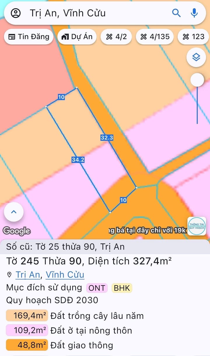 Đất thổ cư 200m² Trị An, Vĩnh Cửu - Giá chỉ 1.799 tỷ, 2 mặt tiền đẹp!