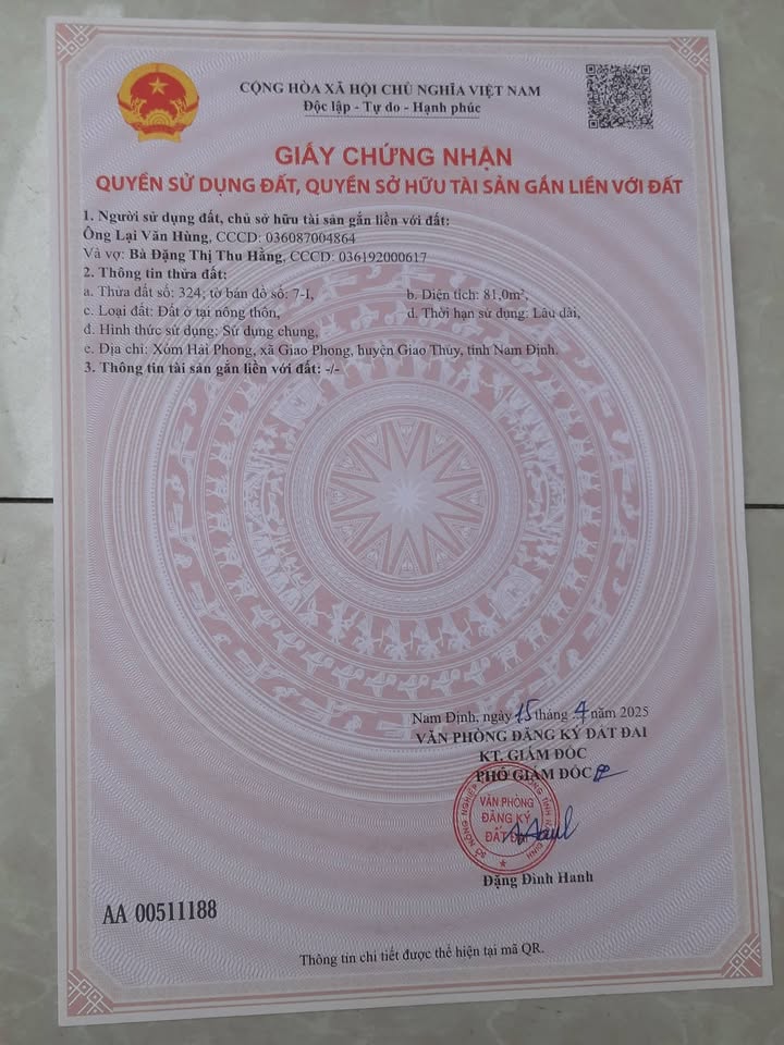 Đất nền Giao Phong 81m² giá 1.75 tỷ - Mặt tiền 4.5m, chính chủ bán!