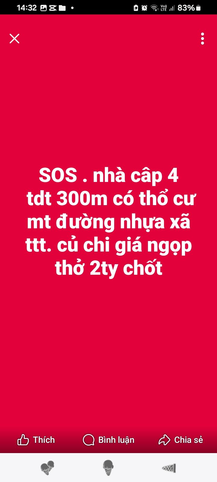 Đất thổ cư 300m² xã Tân Thạnh Tây Củ Chi giá 2 tỷ - Sổ hồng chính chủ