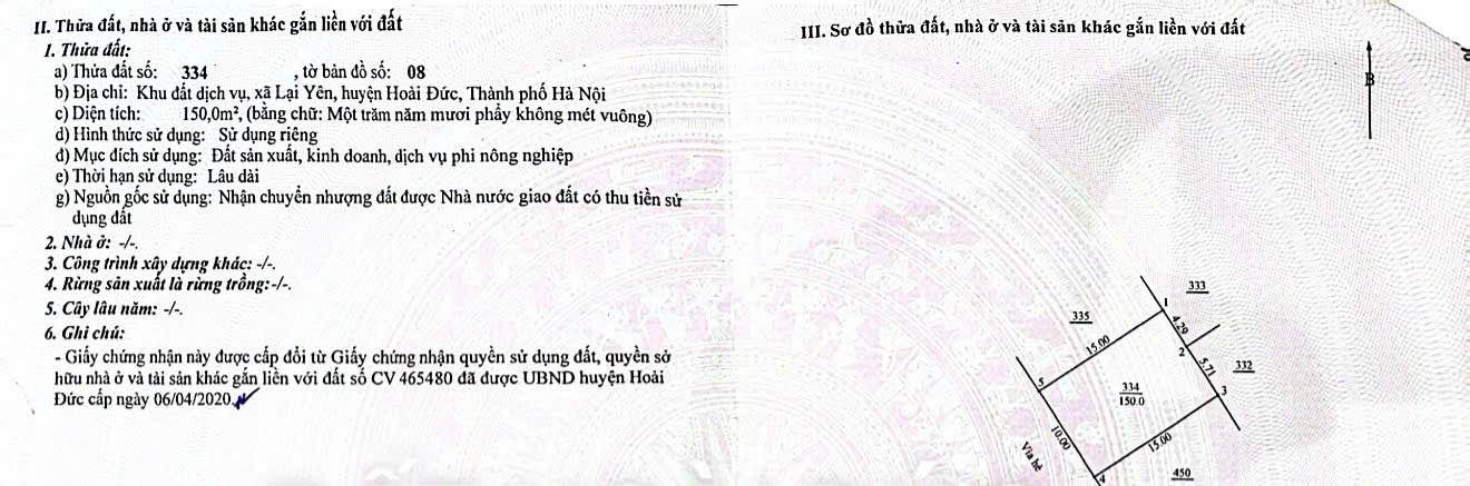 Đất Dịch Vụ Lại Yên Hoài Đức 150m² giá chỉ 15 triệu - Đầu tư sinh lời nhanh!