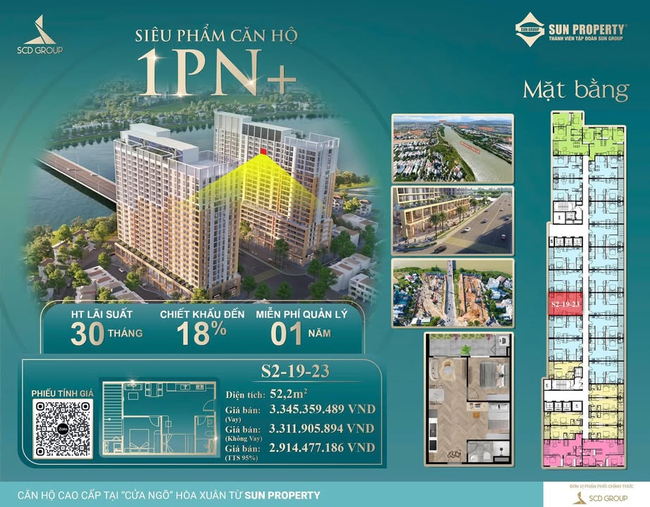 Căn hộ 1 phòng ngủ Hòa Xuân 52m² giá 3.312 tỷ - View cầu Hòa Xuân tuyệt đẹp!