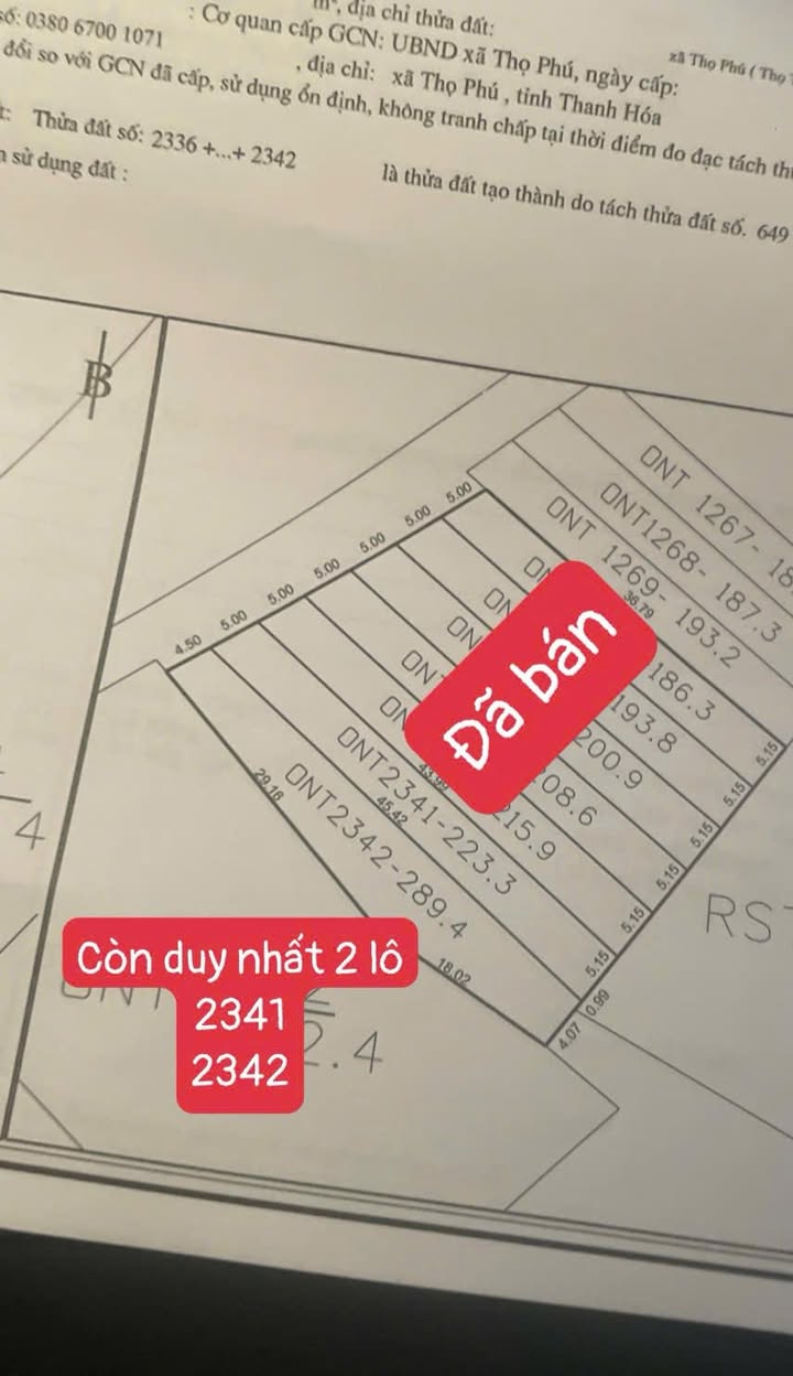 Đất thổ cư Thọ Phú, Triệu Sơn 220m² giá 300 triệu - Tiềm năng tăng giá cao!