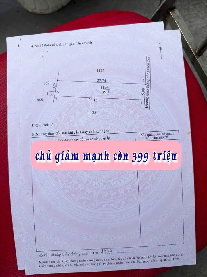 Đất thổ cư Quê Mỹ Thạnh 139m² giá 399 triệu - Sổ hồng chính chủ, sẵn sàng giao dịch!