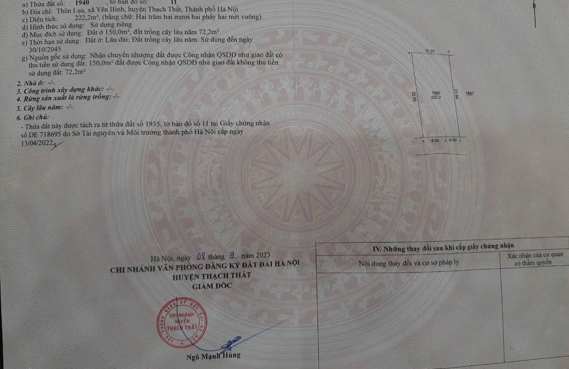 Đất thổ cư Yên Bình Thạch Thất 222m² giá 5 tỷ - Đầu tư sinh lời ngay!