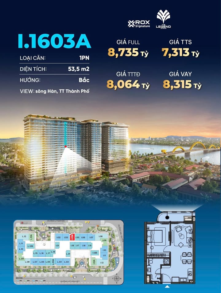 Căn hộ The Legend Đà Nẵng 53m² giá 7.313 tỷ - View sông Hàn tuyệt đẹp!