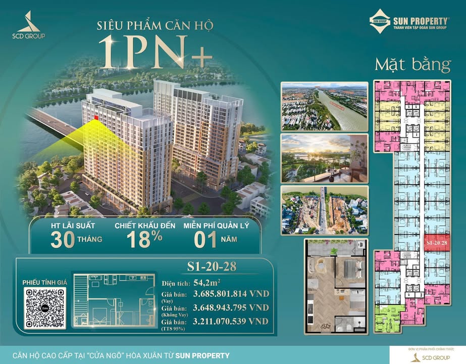 Căn hộ 1PN Sun Spana Tower 54m² giá 3.211 tỷ - View sông Cẩm Lệ tuyệt đẹp!