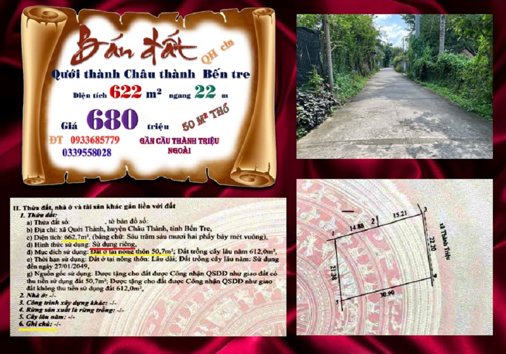 Đất nền Quới Thành Châu Thành Bến Tre 622m² giá 680 triệu - Nền góc 2 mặt tiền