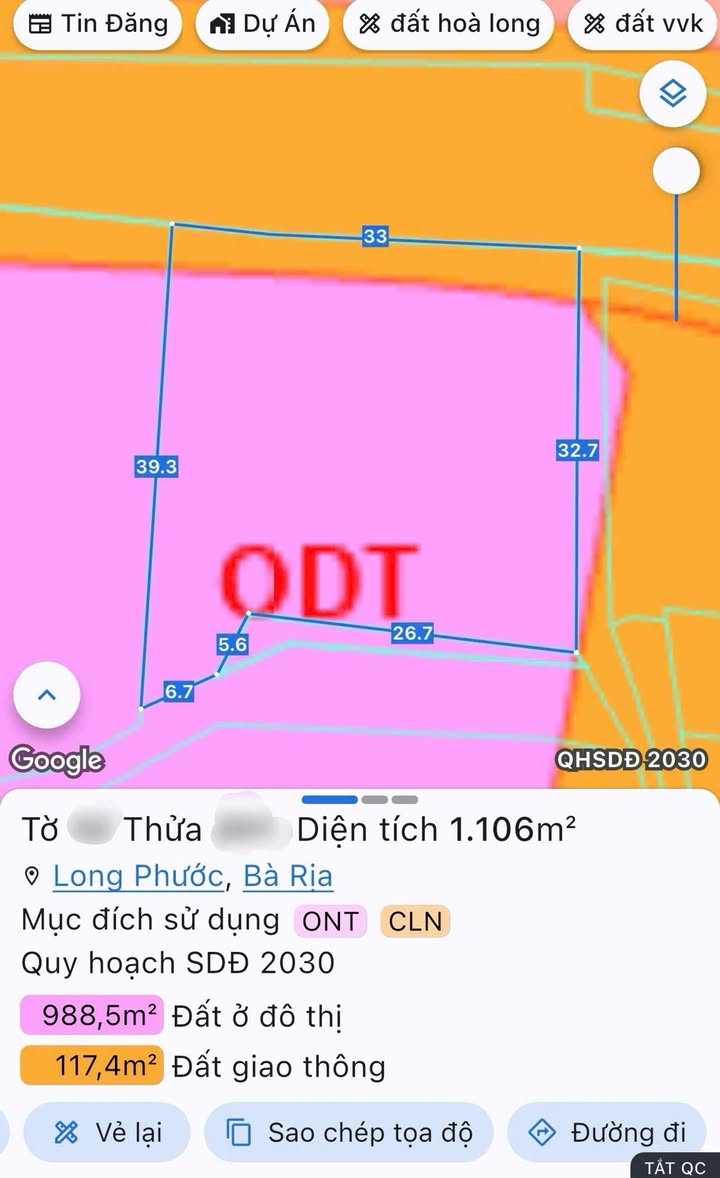 Đất thổ cư 300m² Long Phước, 1106m² giá 7.8 tỷ - Cơ hội đầu tư tuyệt vời!