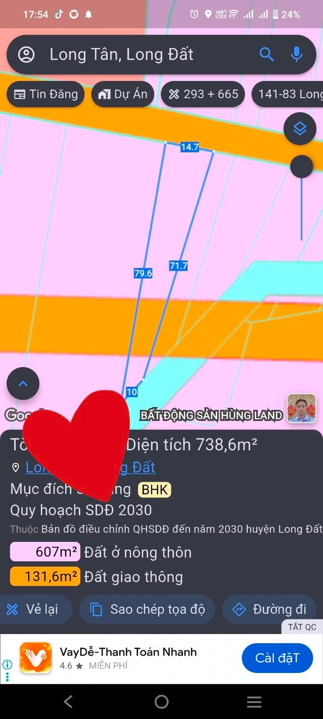 Đất nền Long Tân 738m² giá 2 tỷ - Sổ đỏ chính chủ, gần chợ và trường mầm non