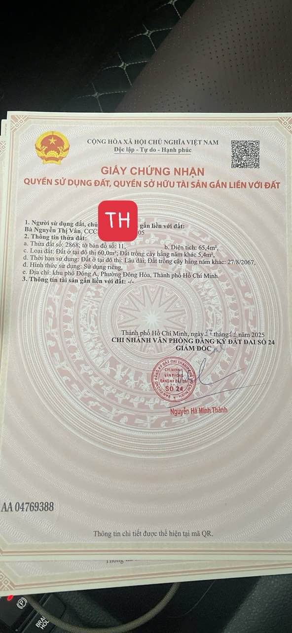 Đất nền mặt tiền Nguyễn Hữu Cảnh, Đông Hoà, Dĩ An 65m² giá 4 tỷ - Cơ hội đầu tư hấp dẫn!
