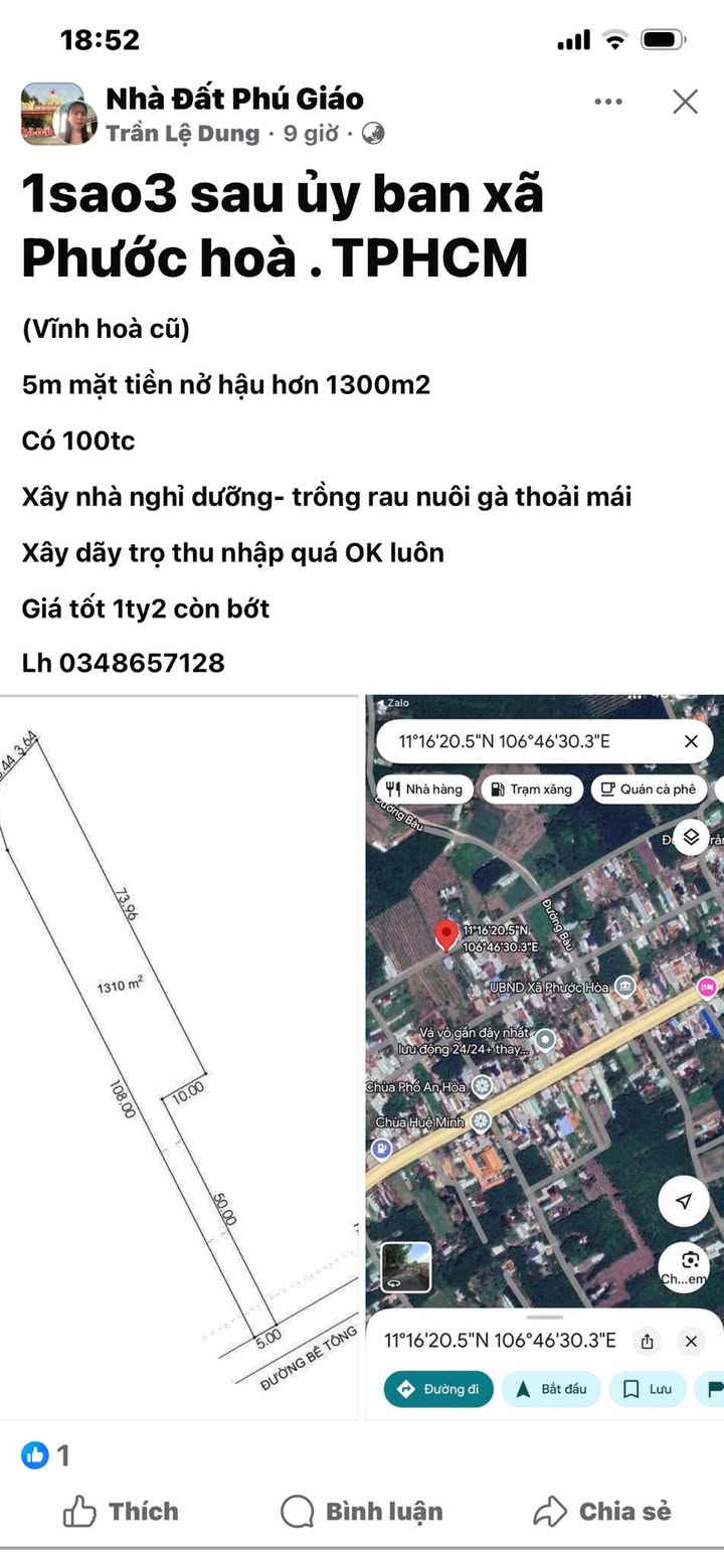 Đất nền Phước Hòa, Bình Dương 1300m² giá 1.2 tỷ - Tiềm năng đầu tư vượt trội!