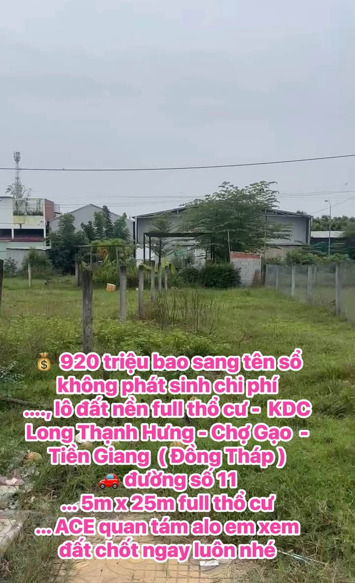 Đất nền Chợ Gạo Tiền Giang 125m² giá 920 triệu - Sổ đỏ chính chủ, không phát sinh phí!