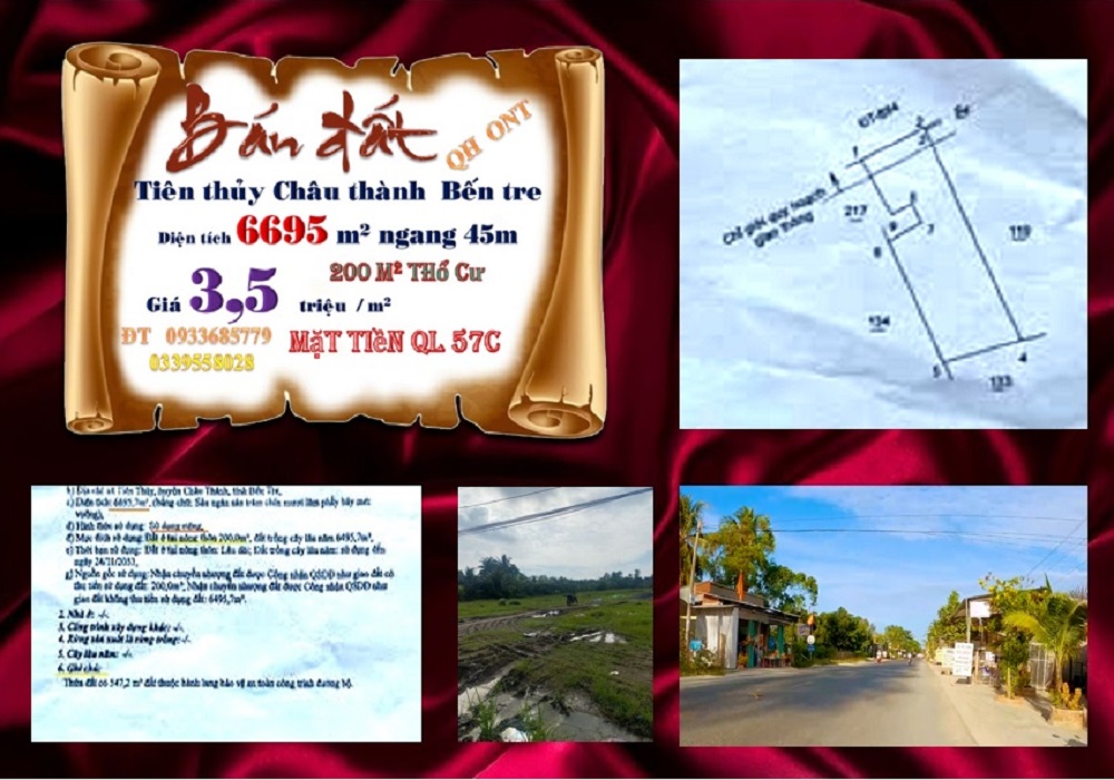 Đất nền Tiên Thủy Châu Thành Bến Tre 6695m² giá 23.4 tỷ - Cơ hội đầu tư tuyệt vời!