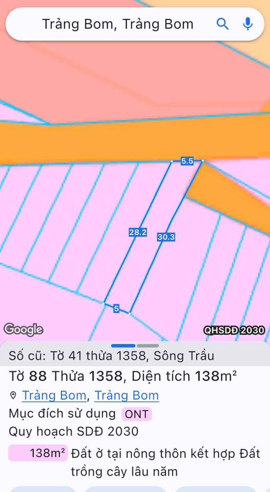 Đất mặt tiền đường nhựa Sông Trầu, Trảng Bom 138m² giá 1.05 tỷ - Đầu tư sinh lời ngay!
