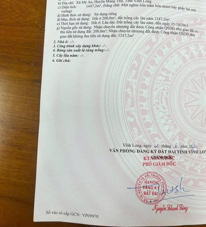 Đất nền 1447m² xã Mỹ An, Vĩnh Long giá 2.6 tỷ - Mặt tiền lộ nhựa thuận tiện kinh doanh!