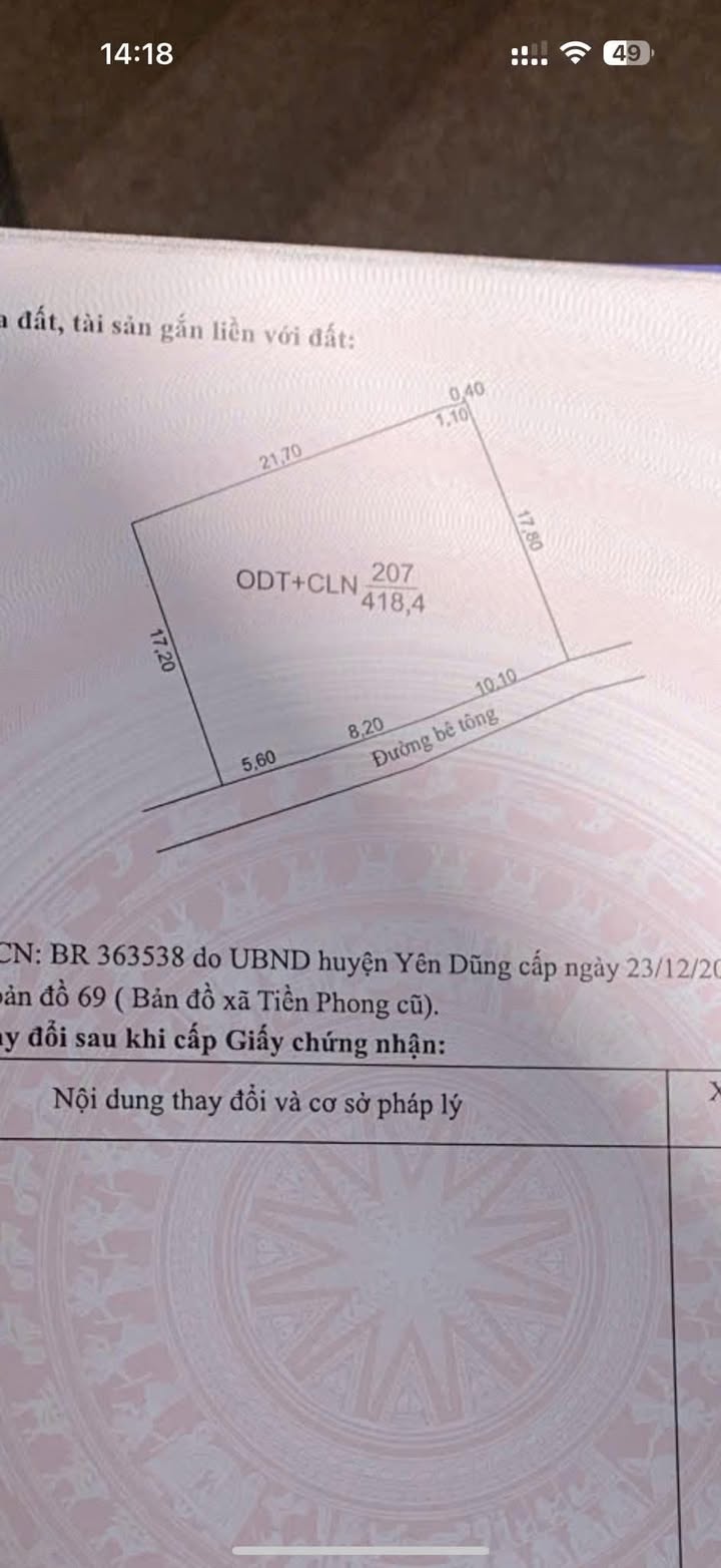 Đất nền Tiền Phong, Yên Dũng, 418m² - Mặt tiền 23m, Giao thông thuận lợi!