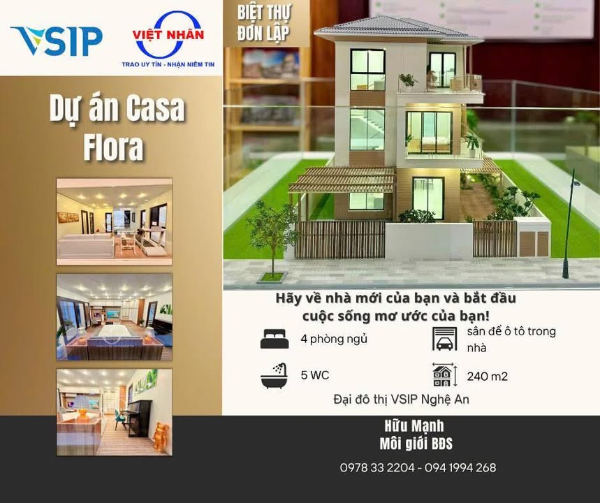 Biệt thự đơn lập Casa Flora VSIP Nghệ An 240m² giá 9.925 tỷ - Hướng Bắc đẳng cấp!