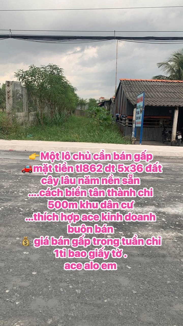 Đất nền mặt tiền TL862 xã Tân Thành 180m² giá 1 tỷ - Cơ hội đầu tư hấp dẫn!