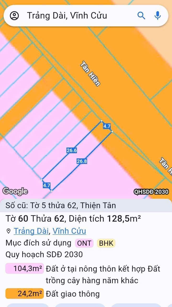 Đất thổ cư mặt tiền Tân Hiền, Trảng Dài, Biên Hòa 124.82m² chỉ 1.47 tỷ - Sổ đỏ chính chủ!