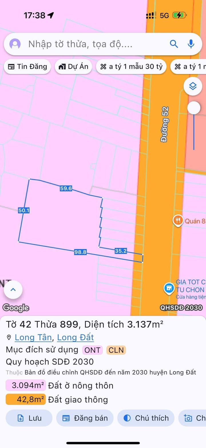 Đất nền đường Tỉnh Lộ 52, Long Tân 3137m² giá 5.8 tỷ - Cơ hội đầu tư sinh lời!