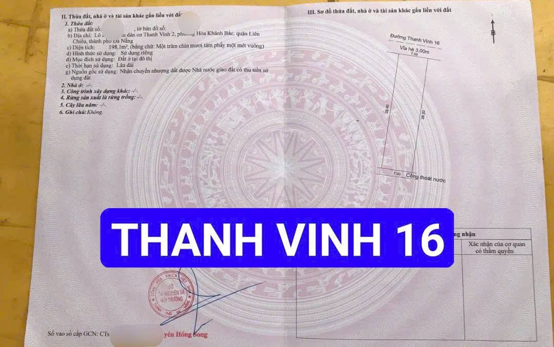 Đất nền mặt tiền đường Thanh Vinh 16, Liên Chiểu, Đà Nẵng 198m² giá 3.55 tỷ - Sổ hồng chính chủ!