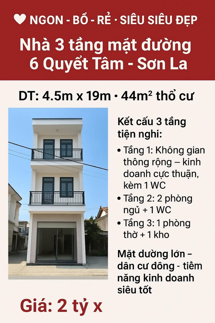 Nhà 3 tầng mặt đường 6 Quyết Tâm, Sơn La 44m² giá 2 tỷ - Cơ hội hiếm có!