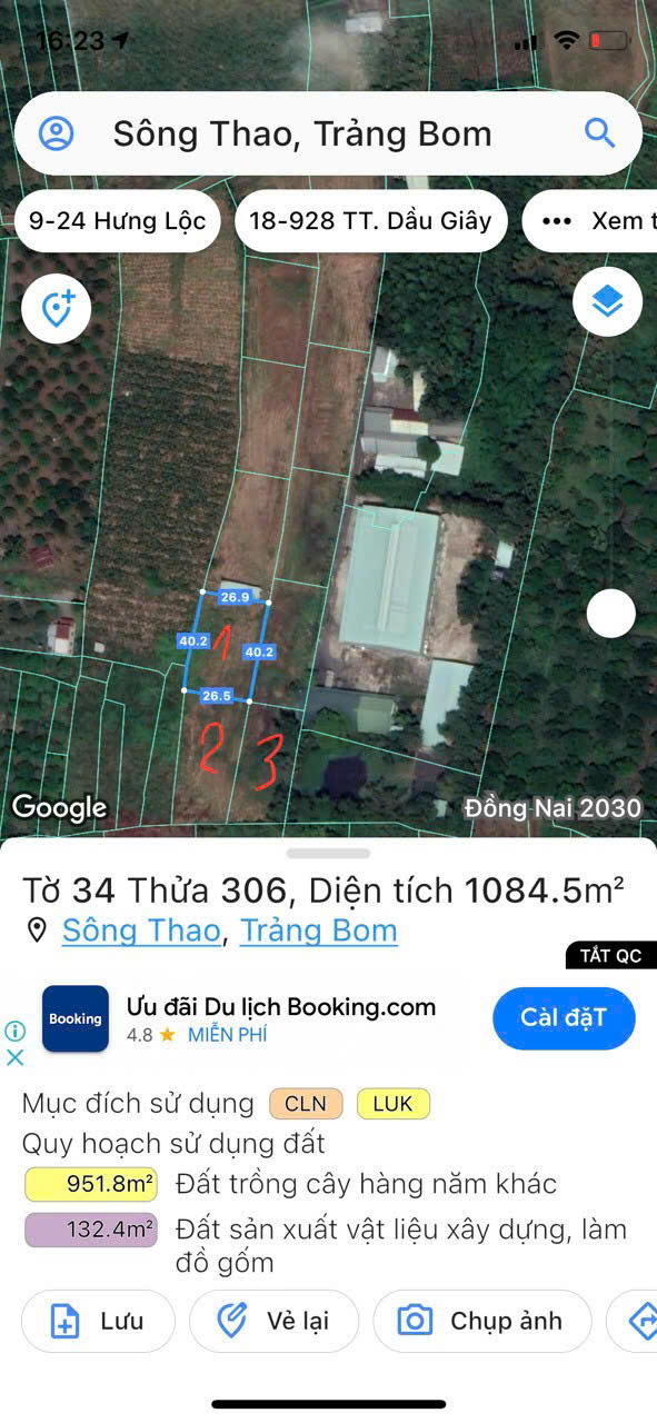 Bán đất liền kề 3 sào - Mặt tiền 40m - Sông Thao, Trảng Bom chỉ 999 triệu/sào!