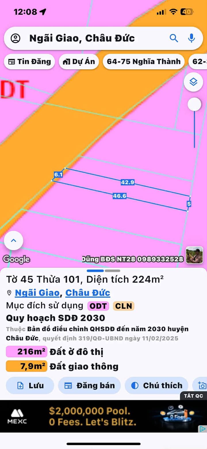 Đất nền mặt tiền đường Âu Cơ, Ngãi Giao, Châu Đức, 200m² giá 1.8 tỷ - Cơ hội đầu tư hấp dẫn!